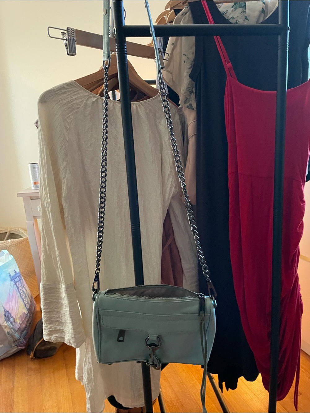 Rebecca Minkoff Pale Gray Leather Mini Crossbody with Chain Strap